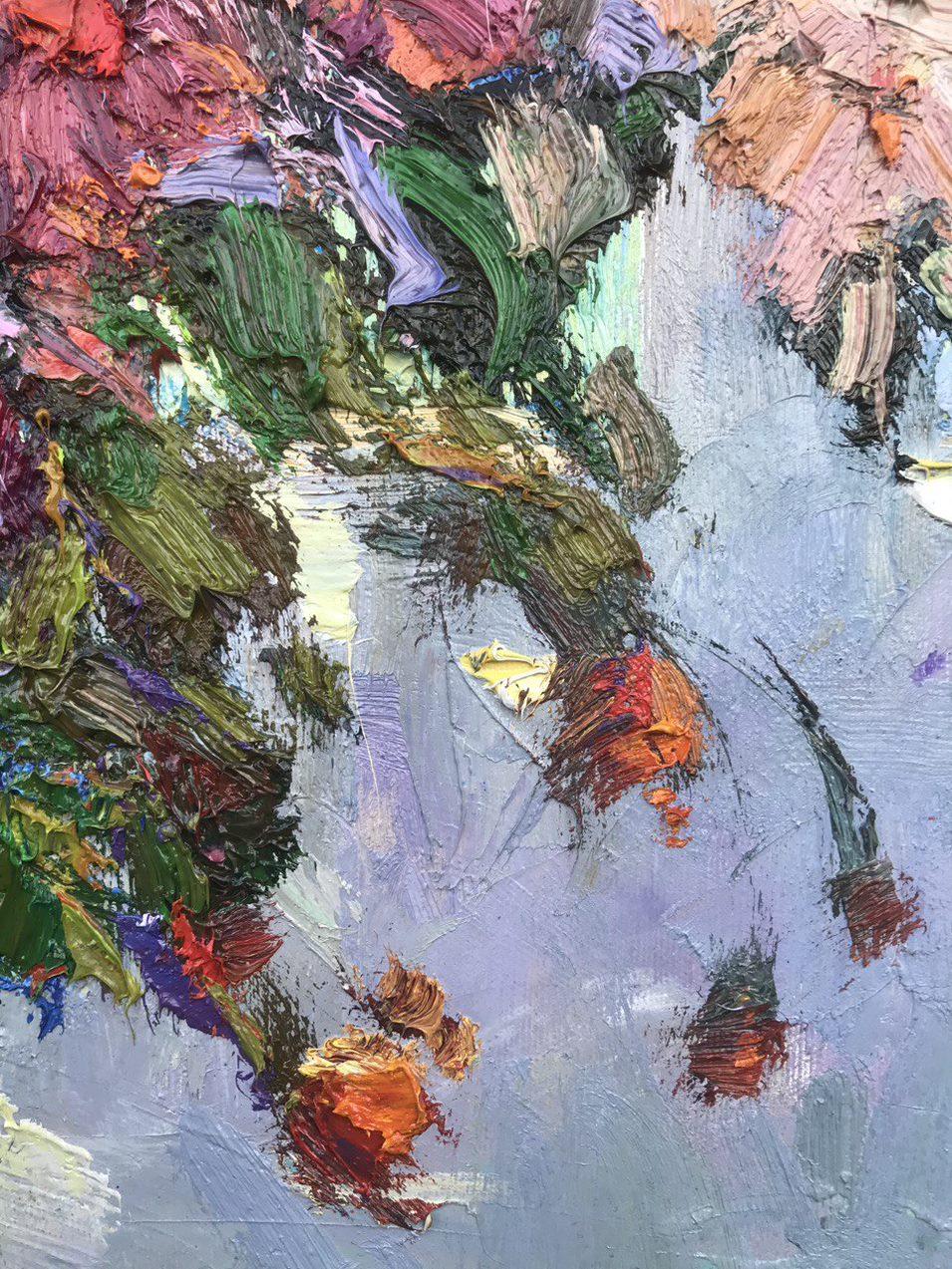 Artist: Oksana Kalenyuk 
Work: Original oil painting, handmade artwork, one of a kind 
Medium: Oil on canvas 
Year: 2022
Style: Impressionism
Title: Flowers on the Table, 
Size: 27.5
