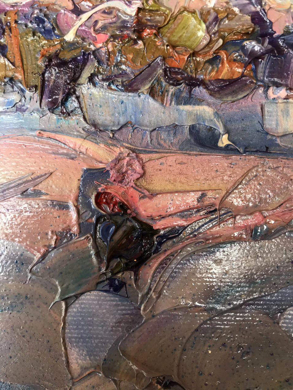 Artistics : Oksana Kalenyuk 
Oeuvre : Peinture à l'huile originale, œuvre d'art faite à la main, unique en son genre. 
Médium : Huile sur toile 
Année : 2021
Style : Impressionnisme
Titre : Soirée givrée
Taille : 6