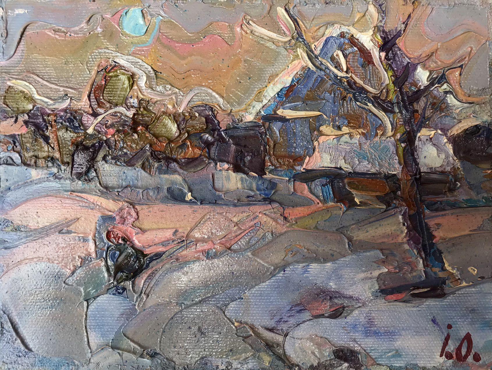 Landscape Painting Oksana Kalenyuk - Soirée givrée, impressionnisme, peinture à l'huile originale, prête à accrocher