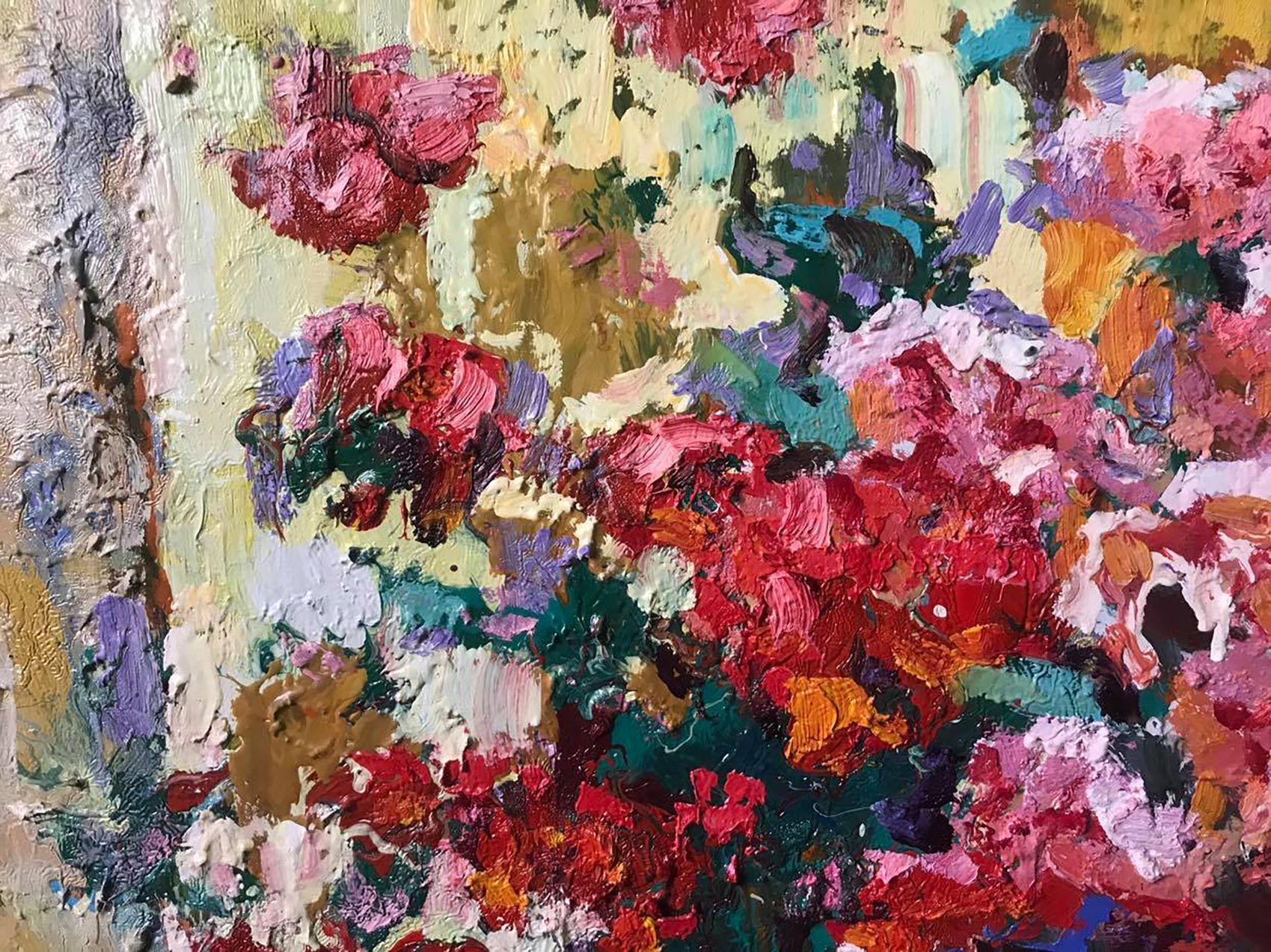 Geraniums, Flowers,  Impressionism Original oil Painting, Ready to Hang - Brown Still-Life Painting by Oksana Kalenyuk