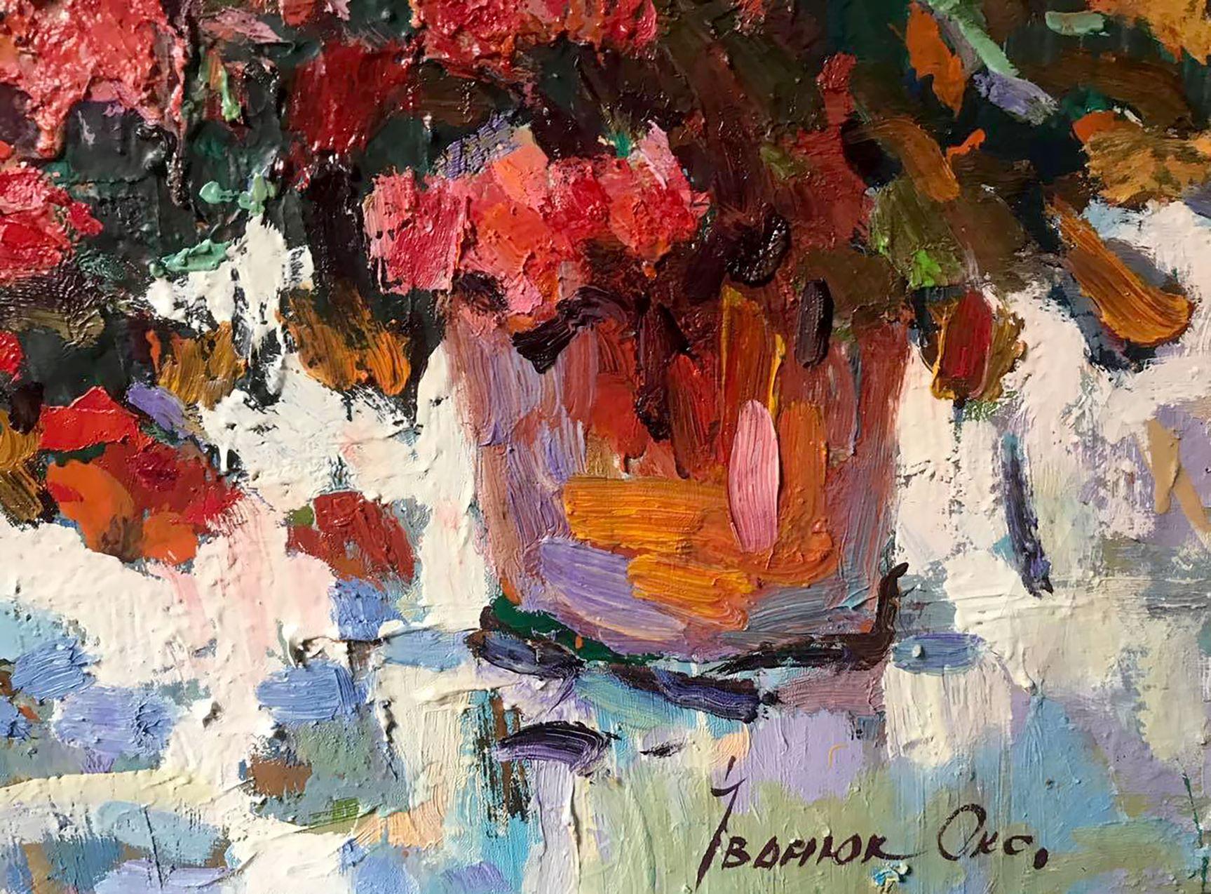 Geraniums, Flowers,  Impressionism Original oil Painting, Ready to Hang For Sale 1