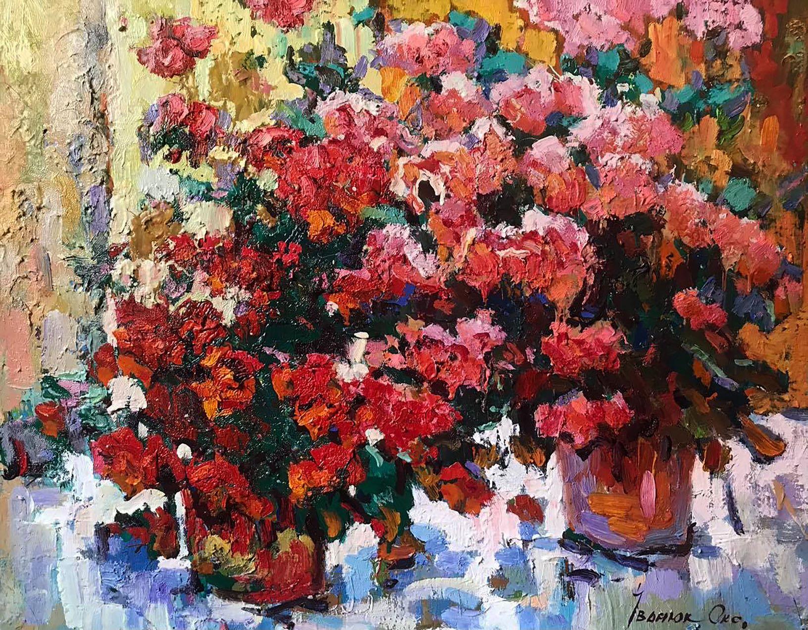 Oksana Kalenyuk Still-Life Painting - Geraniums, Flowers,  Impressionism Original oil Painting, Ready to Hang