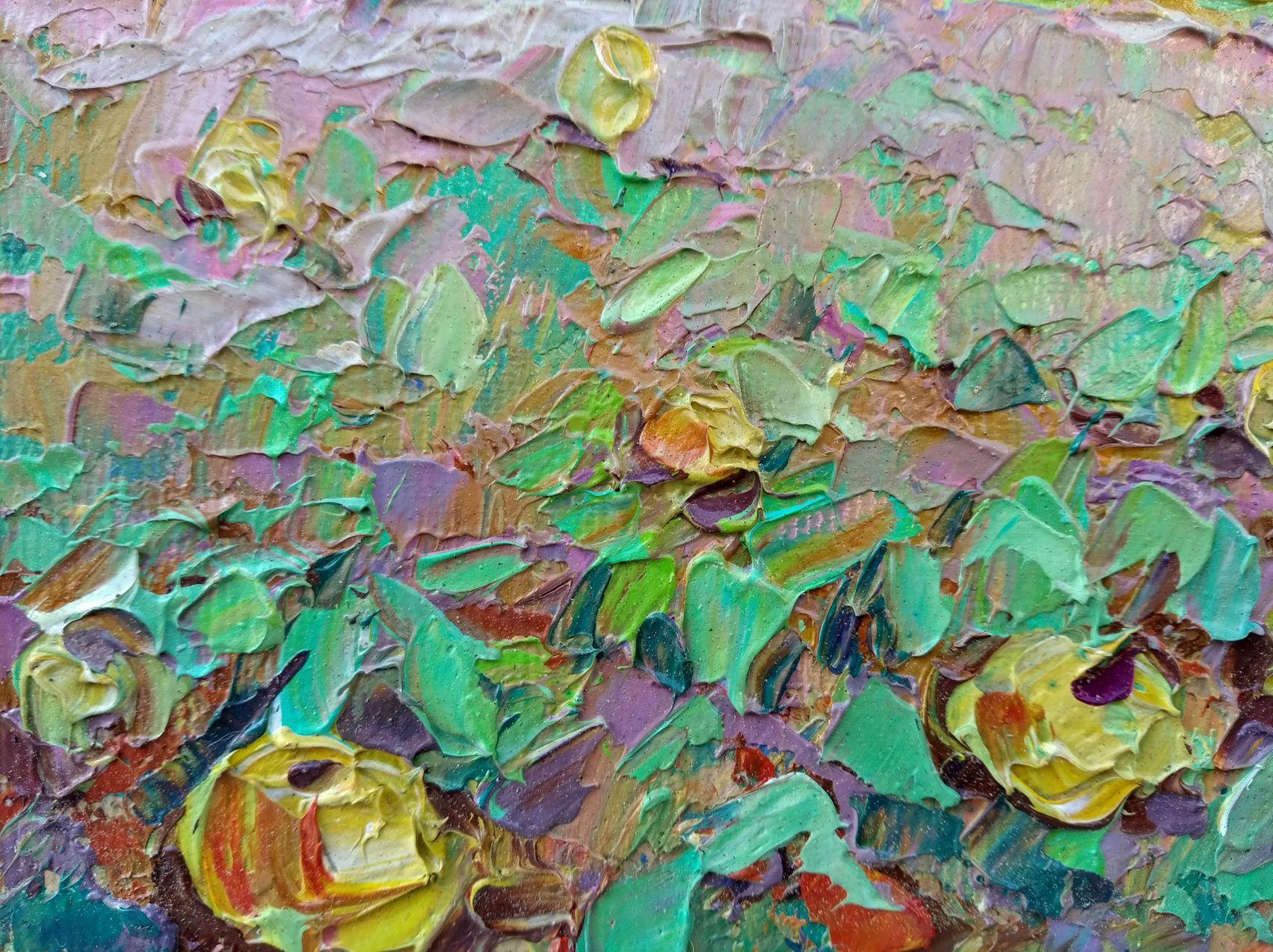 Artist: Oksana Kalenyuk 
Work: Original oil painting, handmade artwork, one of a kind 
Medium: Oil on canvas 
Year: 2021
Style: Impressionism
Title: In the Garden
Size: 5