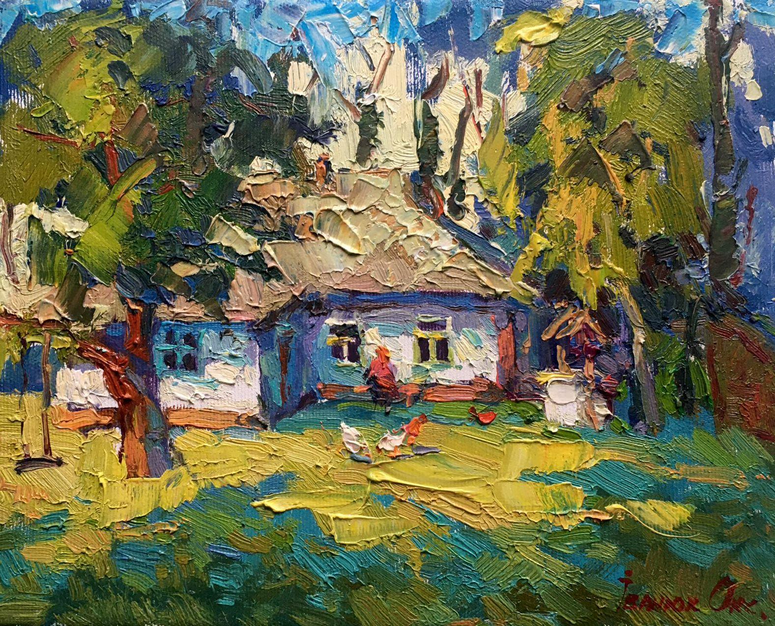 Landscape Painting Oksana Kalenyuk - In the Yard, peinture à l'huile originale, prête à être accrochée