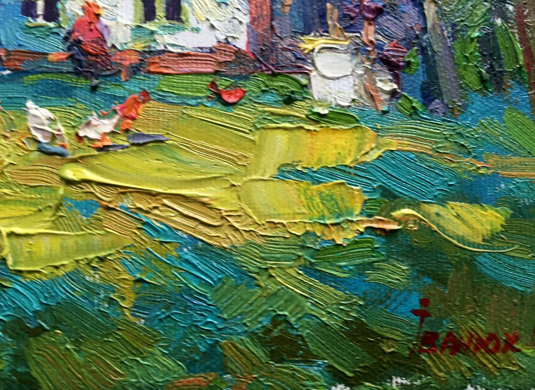 In the Yard, peinture à l'huile originale, prête à être accrochée - Noir Landscape Painting par Oksana Kalenyuk