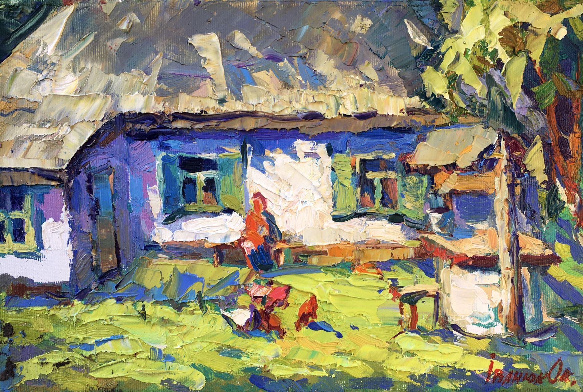 Landscape Painting de Oksana Kalenyuk - En el patio, pueblo, Pintura al óleo original, Lista para colgar
