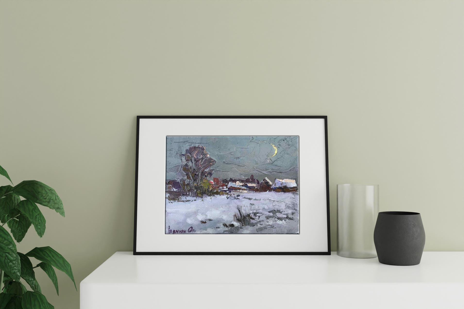 Moon Night, Winter, Original oil Painting, Ready to Hang - Gray Landscape Painting by Oksana Kalenyuk