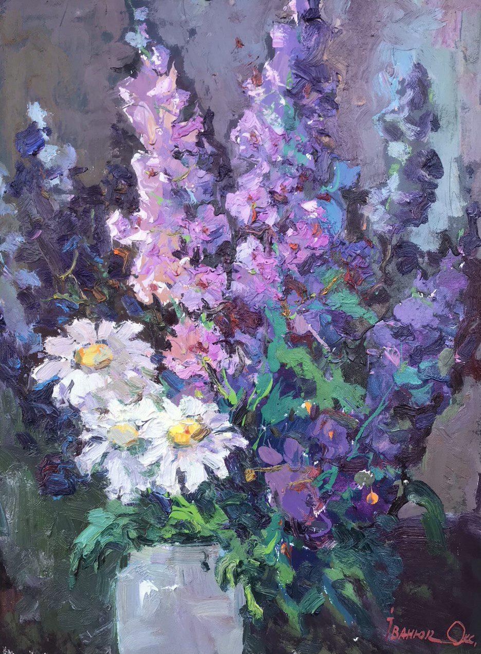 Oksana Kalenyuk Landscape Painting - Morning Flowers, Original oil Painting, Ready to Hang