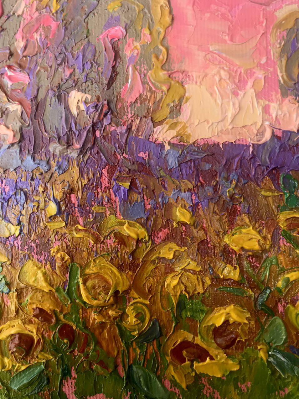 Artist: Oksana Kalenyuk 
Work: Original oil painting, handmade artwork, one of a kind 
Medium: Oil on canvas 
Year: 2023
Style: Impressionism
Title: Sunflower Field
Size: 6