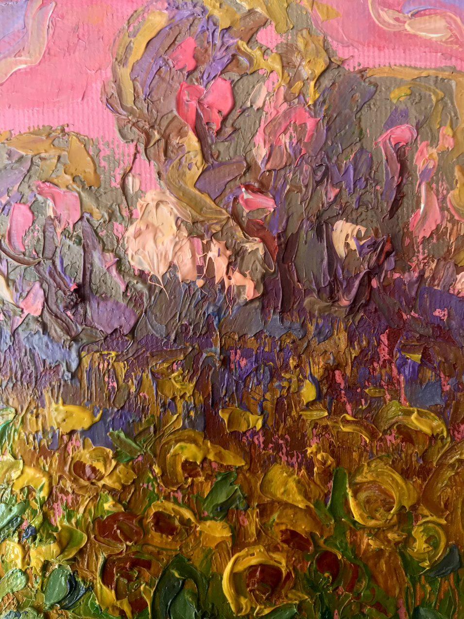 Le champ de tournesol, peinture à l'huile originale, prête à être accrochée - Marron Landscape Painting par Oksana Kalenyuk