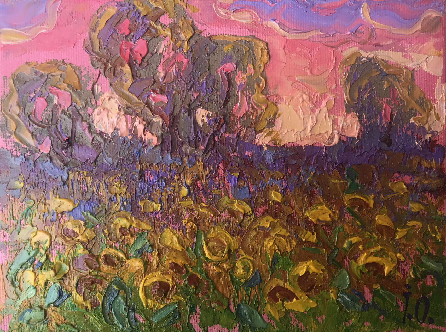 Landscape Painting Oksana Kalenyuk - Le champ de tournesol, peinture à l'huile originale, prête à être accrochée