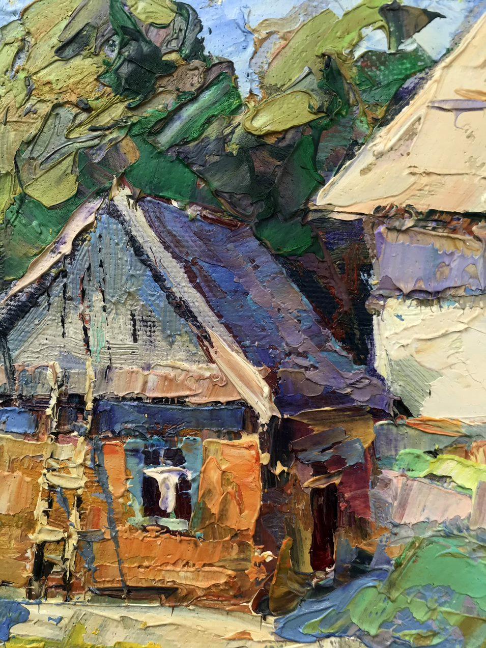 Village Yard, Impressionism, Original oil Painting, Ready to Hang - Brown Landscape Painting by Oksana Kalenyuk