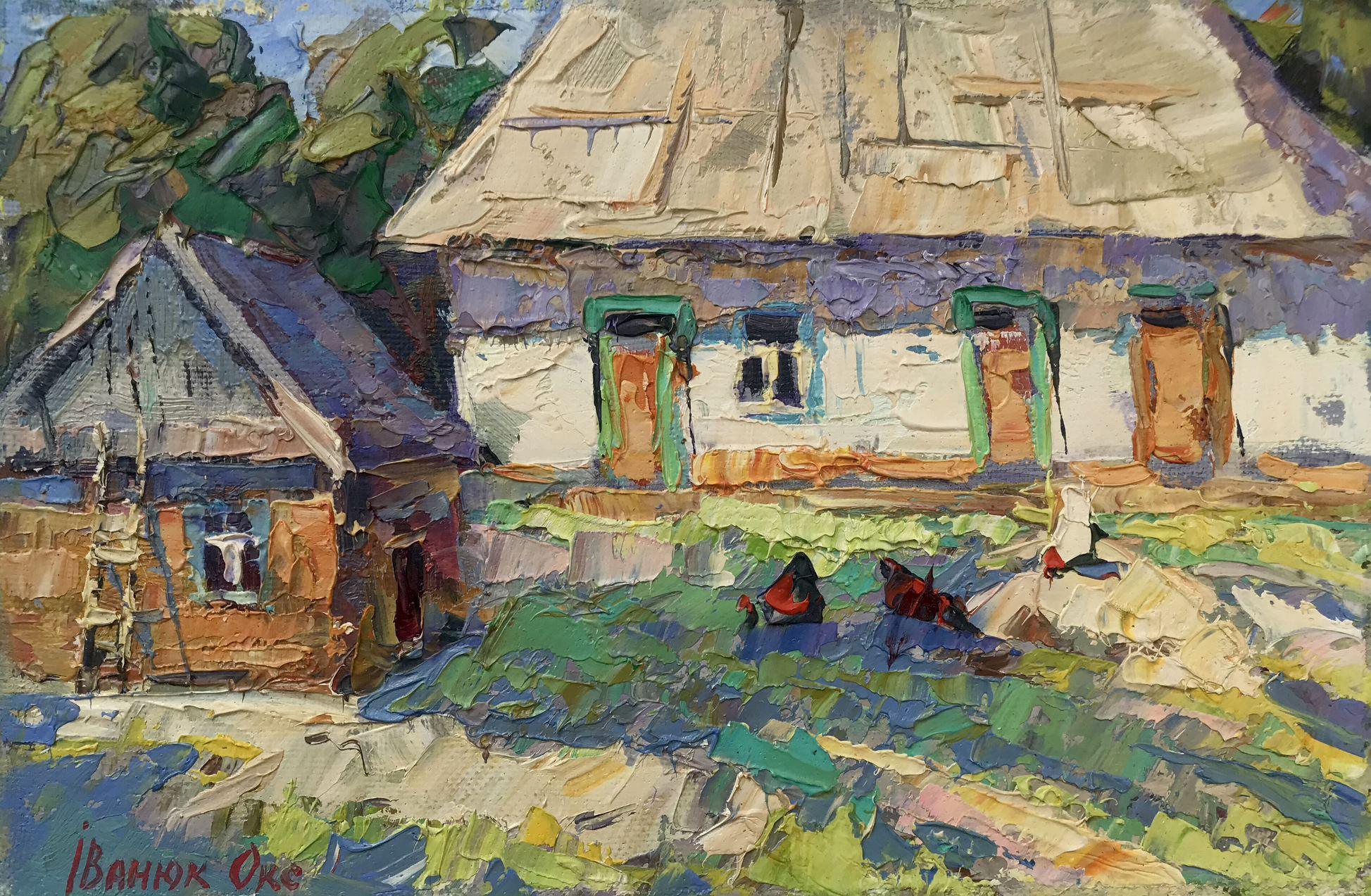 Landscape Painting Oksana Kalenyuk - Village Yard, Impressionnisme, Peinture à l'huile originale, Prête à être accrochée