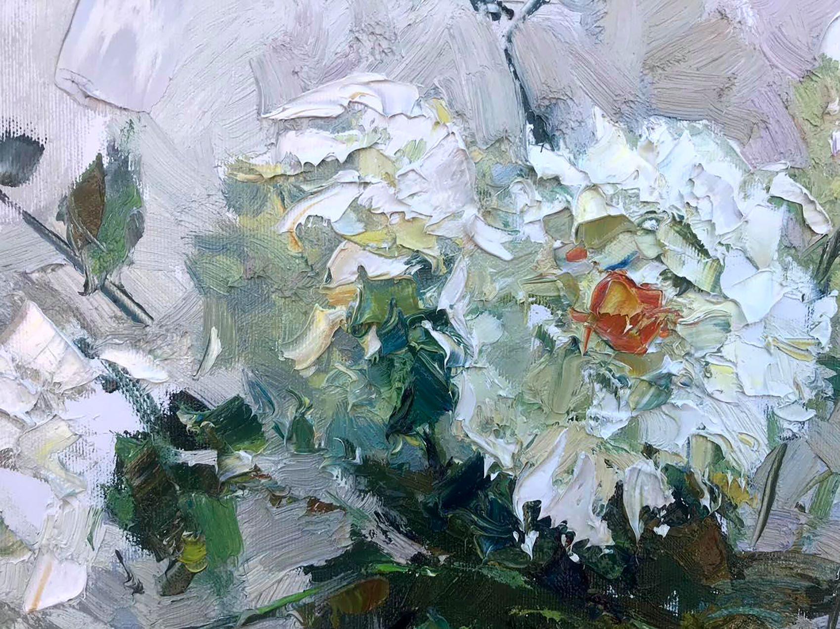 Whiting Dahlias, Fiori, Pittura ad olio originale, pronta da appendere - Painting di Oksana Kalenyuk