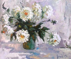 White Dahlias, Flowers, Original oil Painting, Ready to Hang