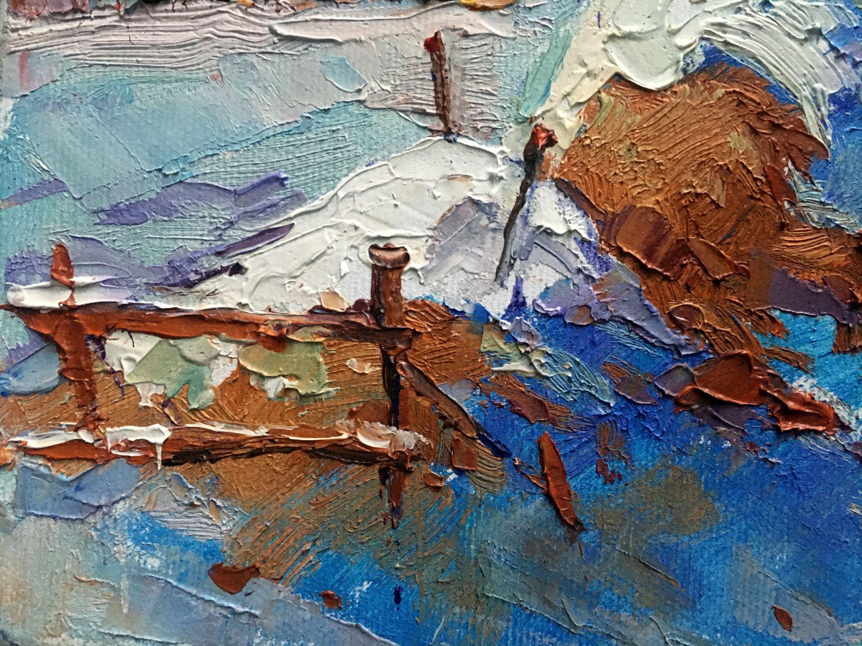 Artist: Oksana Kalenyuk 
Work: Original oil painting, handmade artwork, one of a kind 
Medium: Oil on canvas 
Year: 2022
Style: Impressionism
Title: Winter
Size: 6