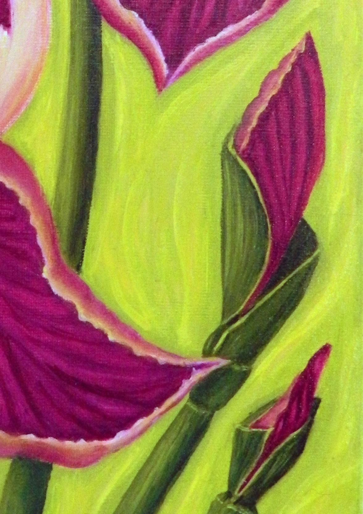 Abstract singing fantasy flowers. Butterfly flowers. Botanical beauty of slightly wilted and unopened buds. The cores of the flowers resemble eggs from which the flower hatches.