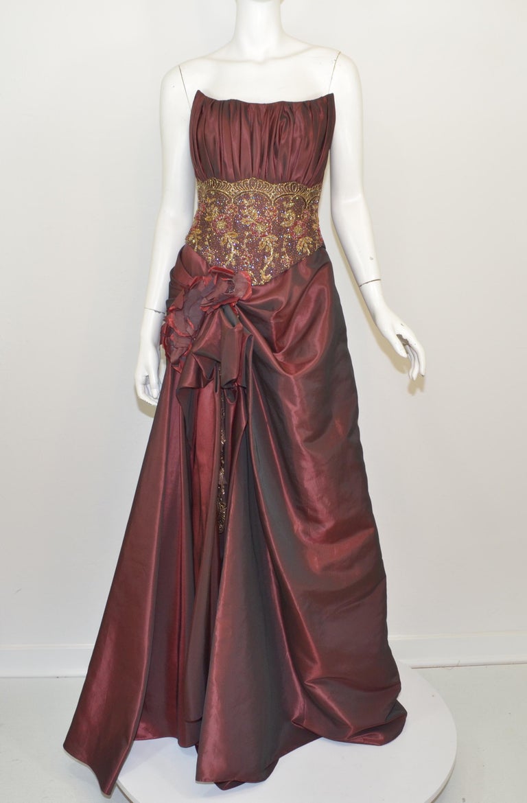 Oksana Mukha Burgundy Embellished Taffeta Ball Skirt with Beaded Corset ...