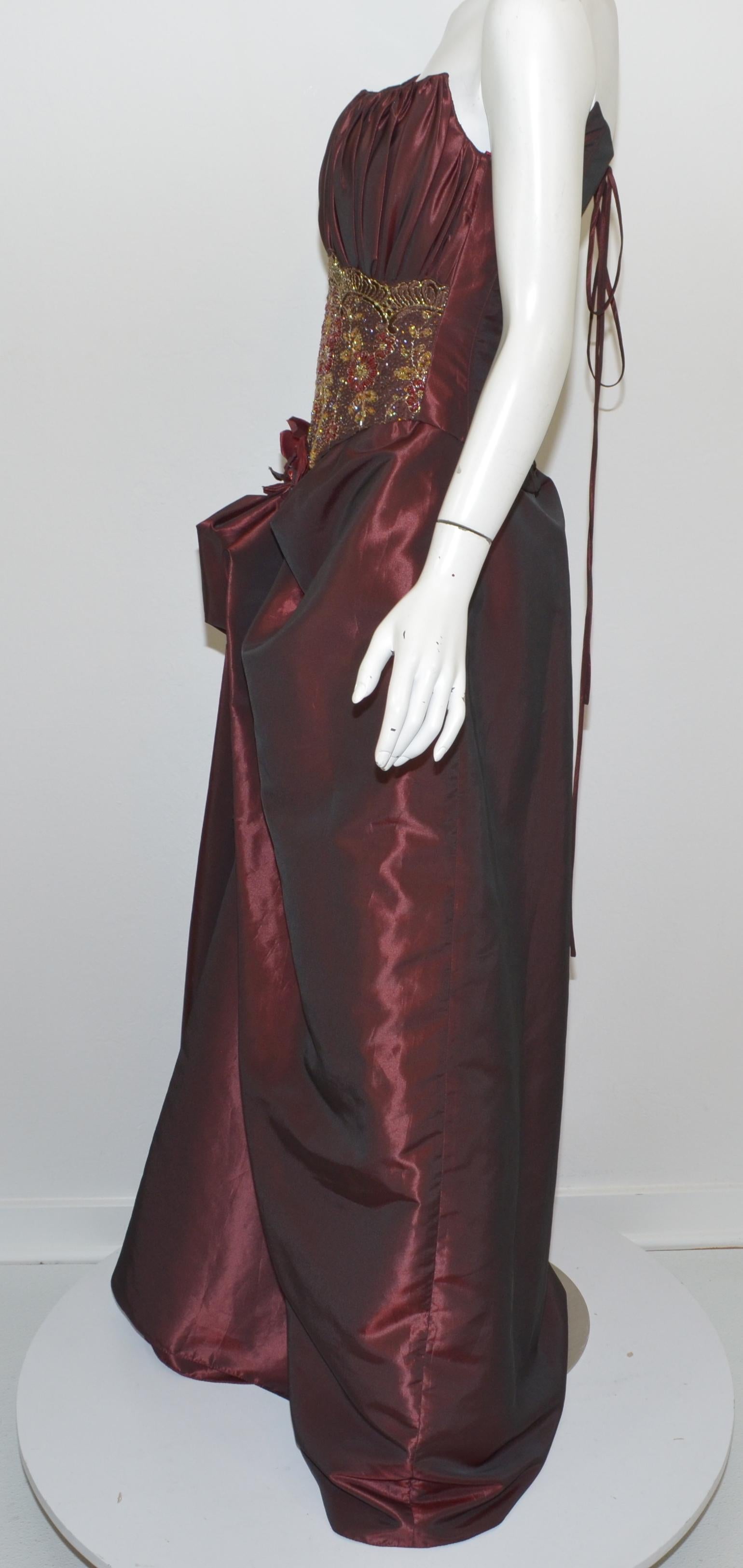 Black Oksana Mukha Burgundy Embellished Taffeta Ball Skirt with Beaded Corset