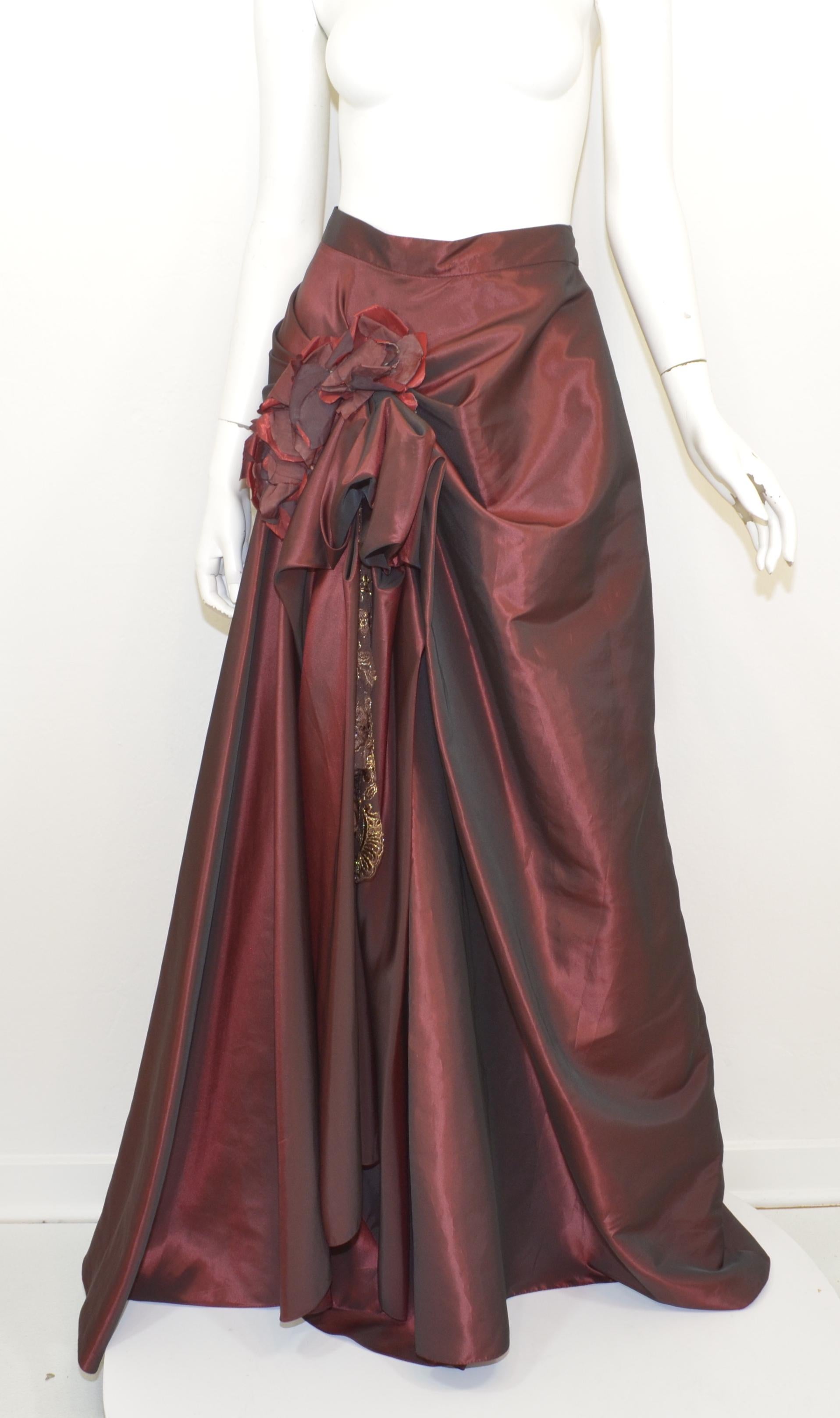 Oksana Mukha Burgundy Embellished Taffeta Ball Skirt with Beaded Corset In Excellent Condition In Carmel, CA