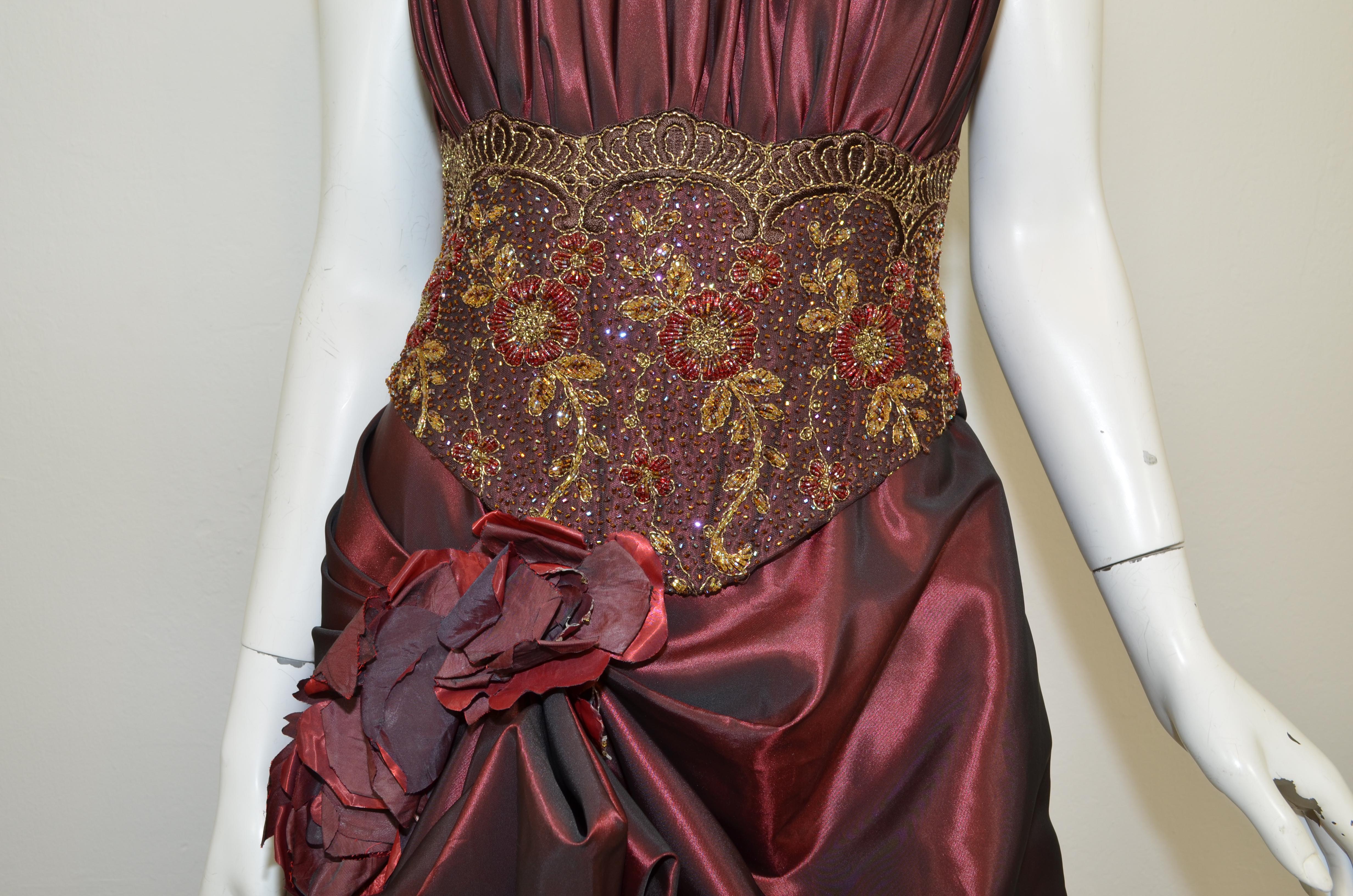 Women's Oksana Mukha Burgundy Embellished Taffeta Ball Skirt with Beaded Corset