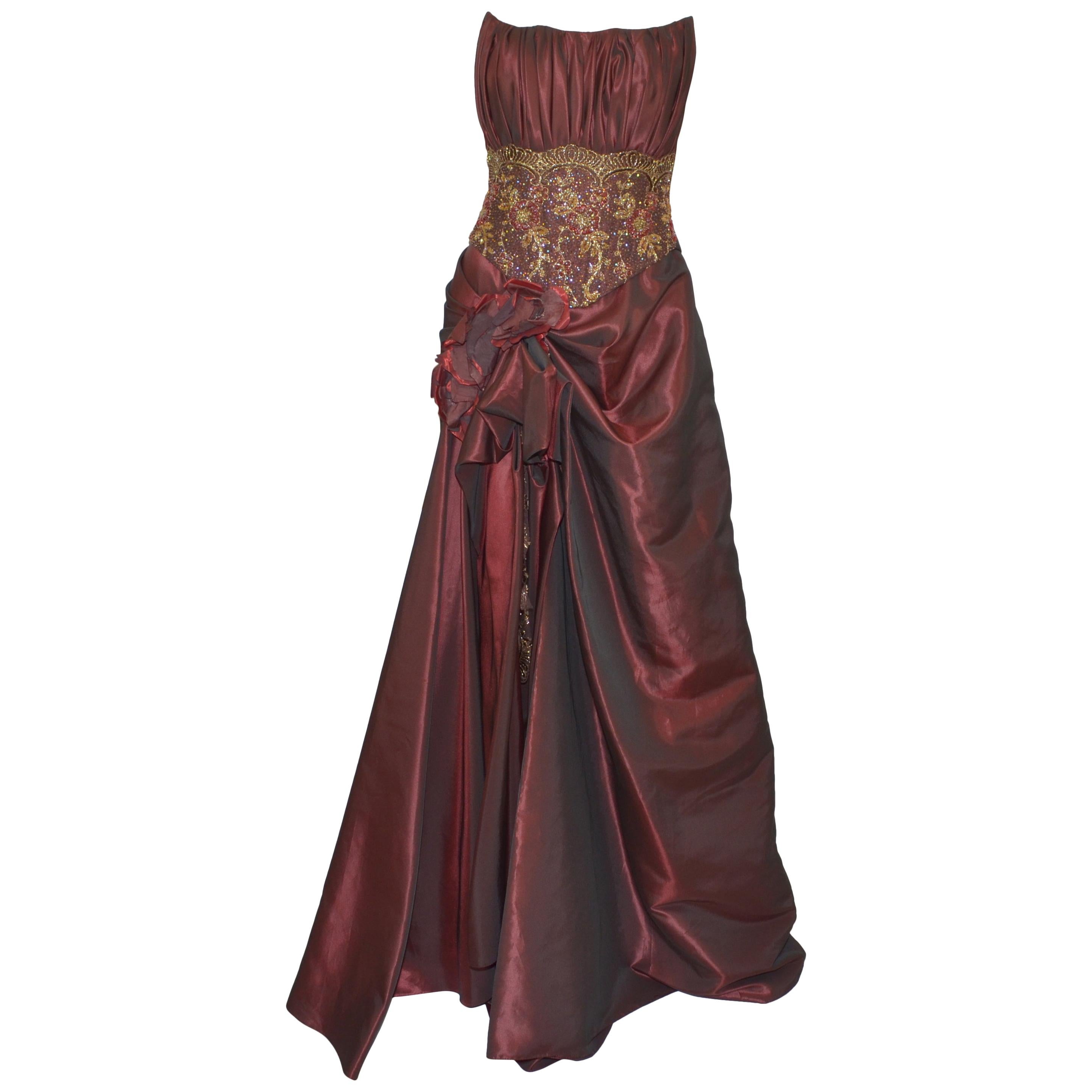 Oksana Mukha Burgundy Embellished Taffeta Ball Skirt with Beaded Corset