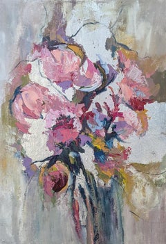 Bouquet of Delicate Pink Petals, Impressionist Abstract, Oil on Canvas