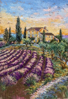 Breath of Provence (Lavender Fields and Golden Sunset), Landscape Painting
