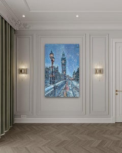 Abendlicher Schneefall über den Lichtern von London, impressionistische Landschaft