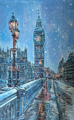 Abendlicher Schneefall über den Lichtern von London, impressionistische Landschaft