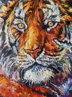 «En los ojos del tigre», pintura impresionista de animales, óleo sobre lienzo