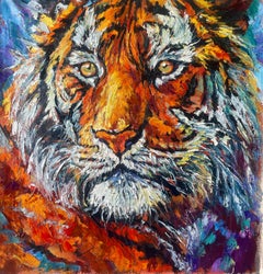 «En los ojos del tigre», pintura impresionista de animales, óleo sobre lienzo