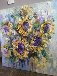 Girasoli che ricordano la luce, natura morta impressionista, olio su tela