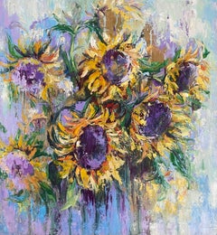 Girasoli che ricordano la luce, natura morta impressionista, olio su tela
