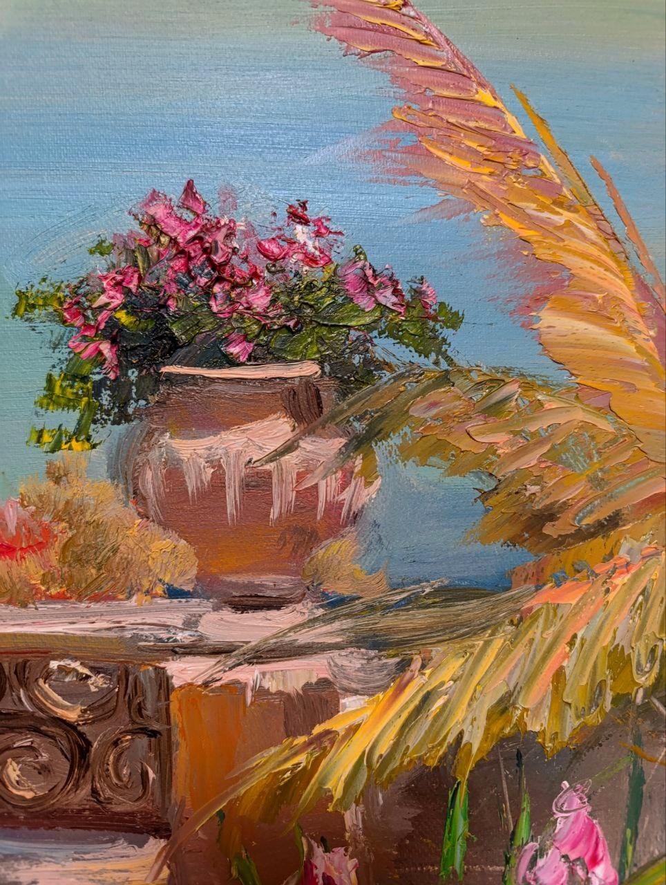 The painting “Sunny Italy” is executed in oil on canvas 50x70 cm and conveys the atmosphere of a warm and bright Italian day. The foreground depicts a typical Mediterranean landscape with picturesque houses covered with terracotta roofs, which are