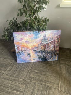 Venice Golden Hour: Romance on the Grand Canal, Landscape, Oil on Canvas