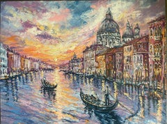 Venice Golden Hour: Romance on the Grand Canal, Landscape, Oil on Canvas