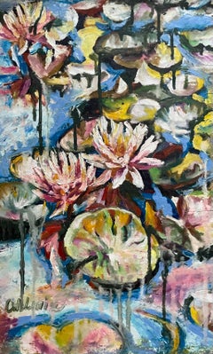 Water Lilies in the Rain, Impressionist Landscape Painting, Oil on Canvas