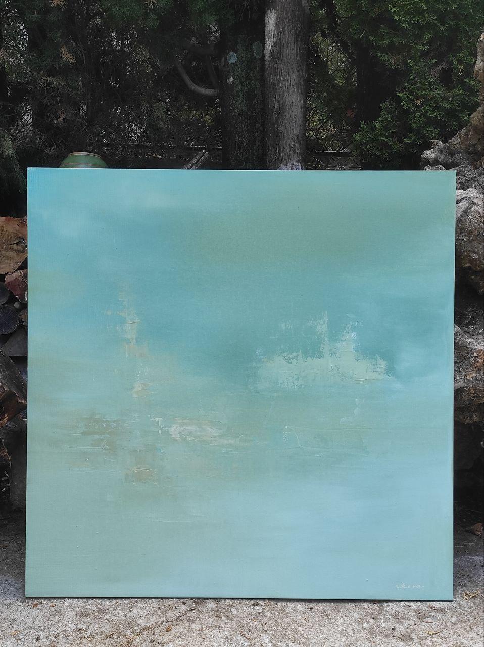 The painting is filled with gentle shifts of turquoise and soft green hues, merging into a calm, almost transparent space. The colors flow into one another, evoking a sense of silence and tranquility, as if the very breath of nature weaves itself