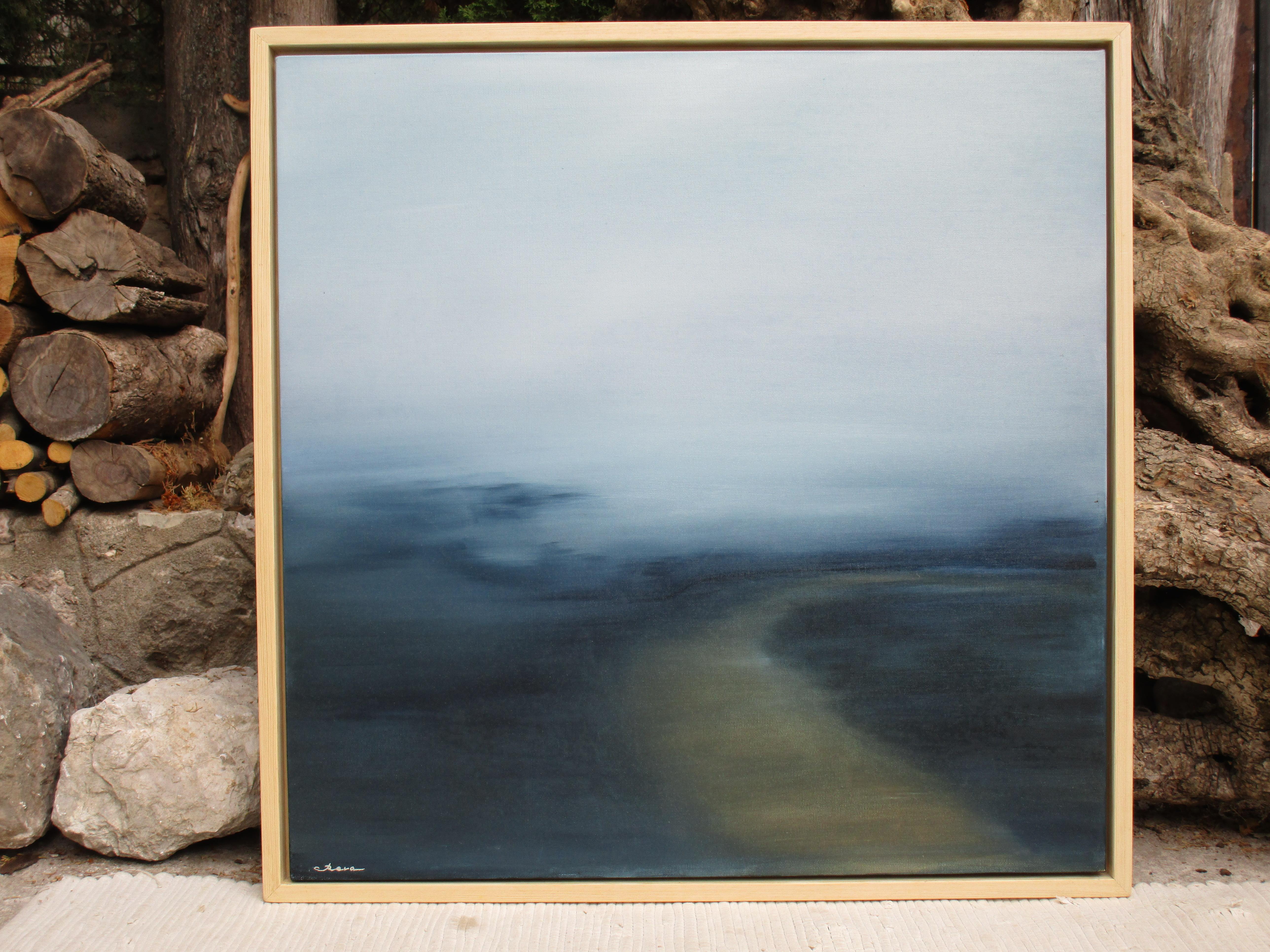 The painting unfolds like a vision—an elusive horizon dissolved in light. Gentle transitions of gray-blue and muted tones create a sense of infinite depth, where the air thickens and turns into a space for silence.

A path disappears into obscurity,