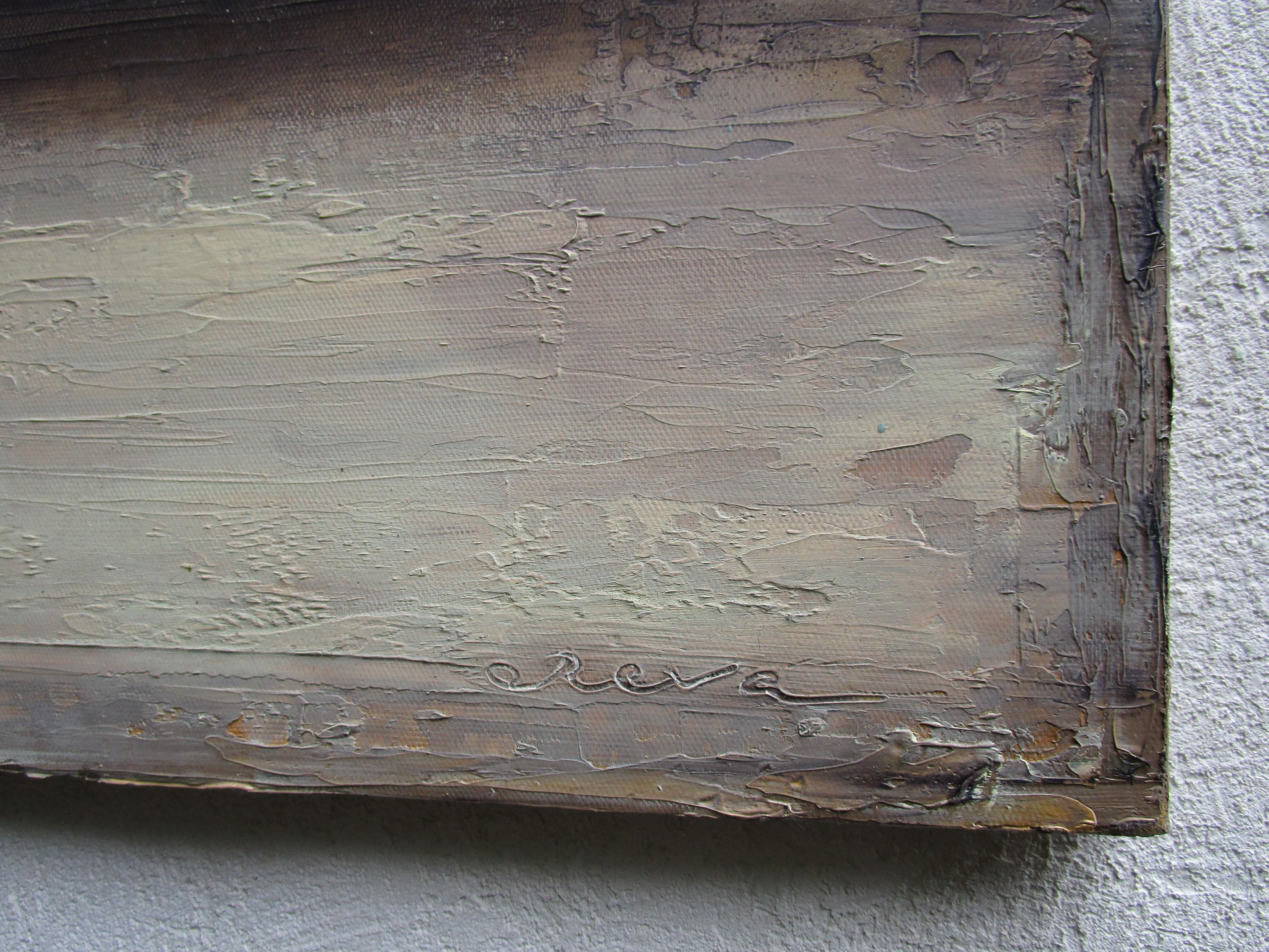 Este óleo sobre lienzo de lino está construido mediante un sofisticado sistema de estratificación horizontal, en el que cada capa establece su propio grado de densidad y tensión visual. Una paleta oscura y profunda forma el campo principal, creando