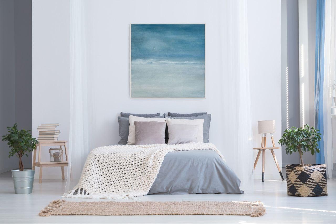 “Warm Touch”
A peaceful wave unfolds across the canvas — not forceful, not fierce, but gently wrapping the space in tenderness. Its shifting shades of blue flow softly, like the breath of the sea that does not carry away but warms instead.

The pale