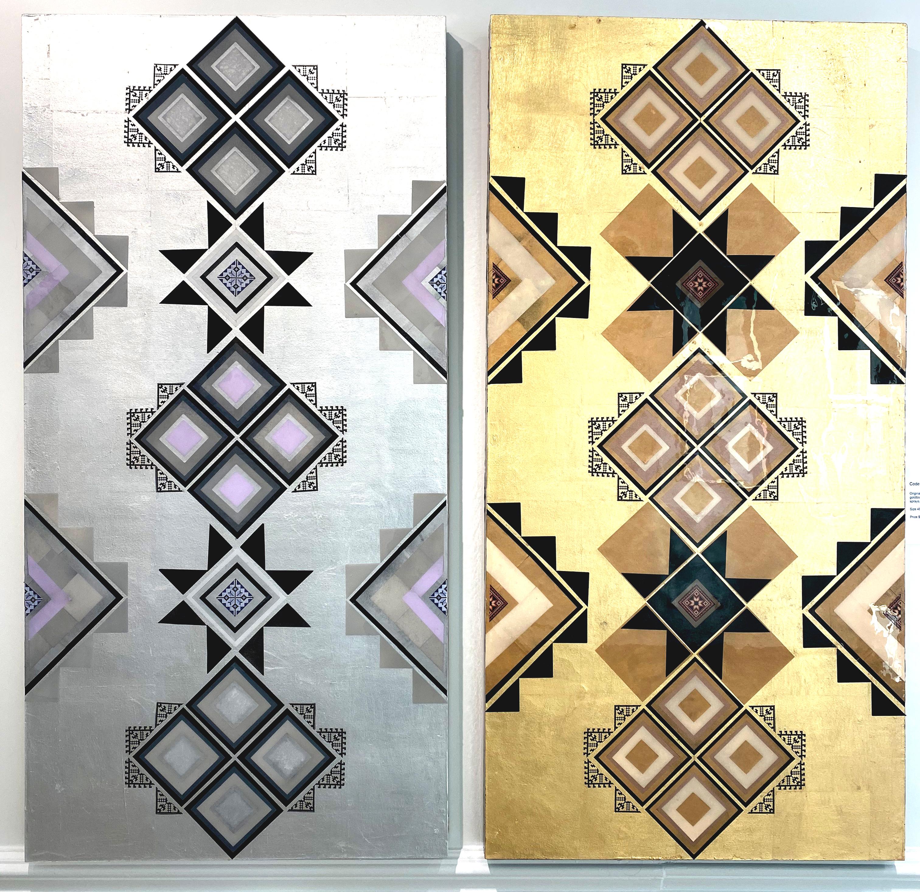Code U44. Original Geometric Abstract Neo-Folk Gold Leaf Art For Sale 2