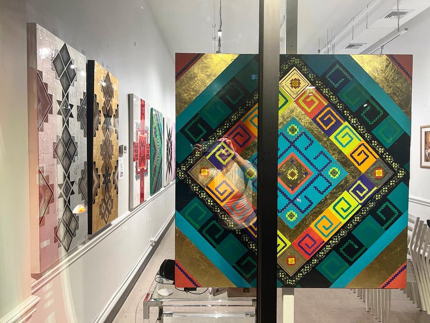 Code U44. Original Geometric Abstract Neo-Folk Gold Leaf Art For Sale 3