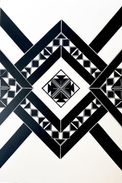 Code U61. Art abstrait géométrique original en laine noire et blanche