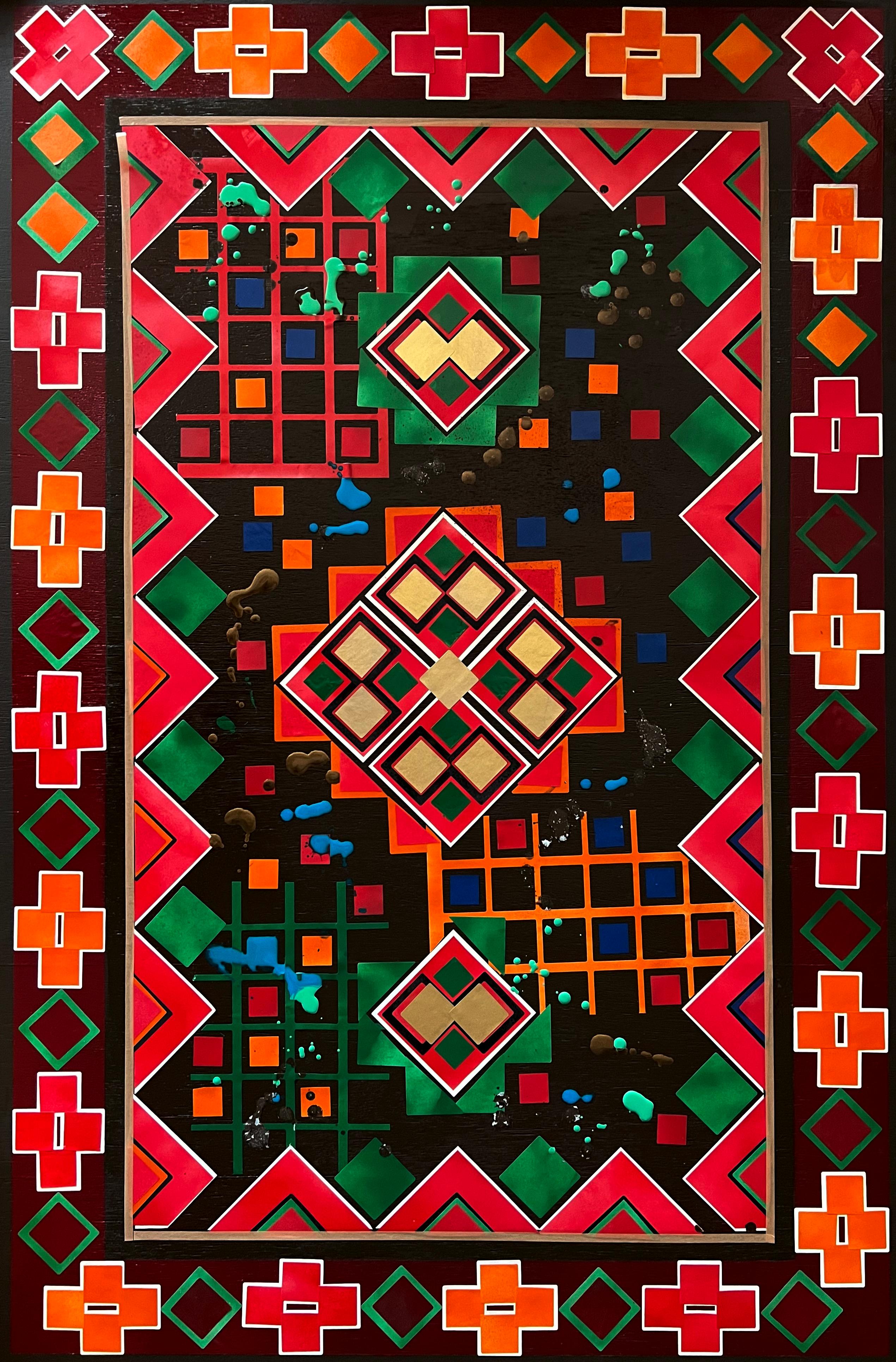 Oksana Tanasiv Abstract Painting - Code U62. Original Geometric Abstract Neo-Folk Antique Pattern Art