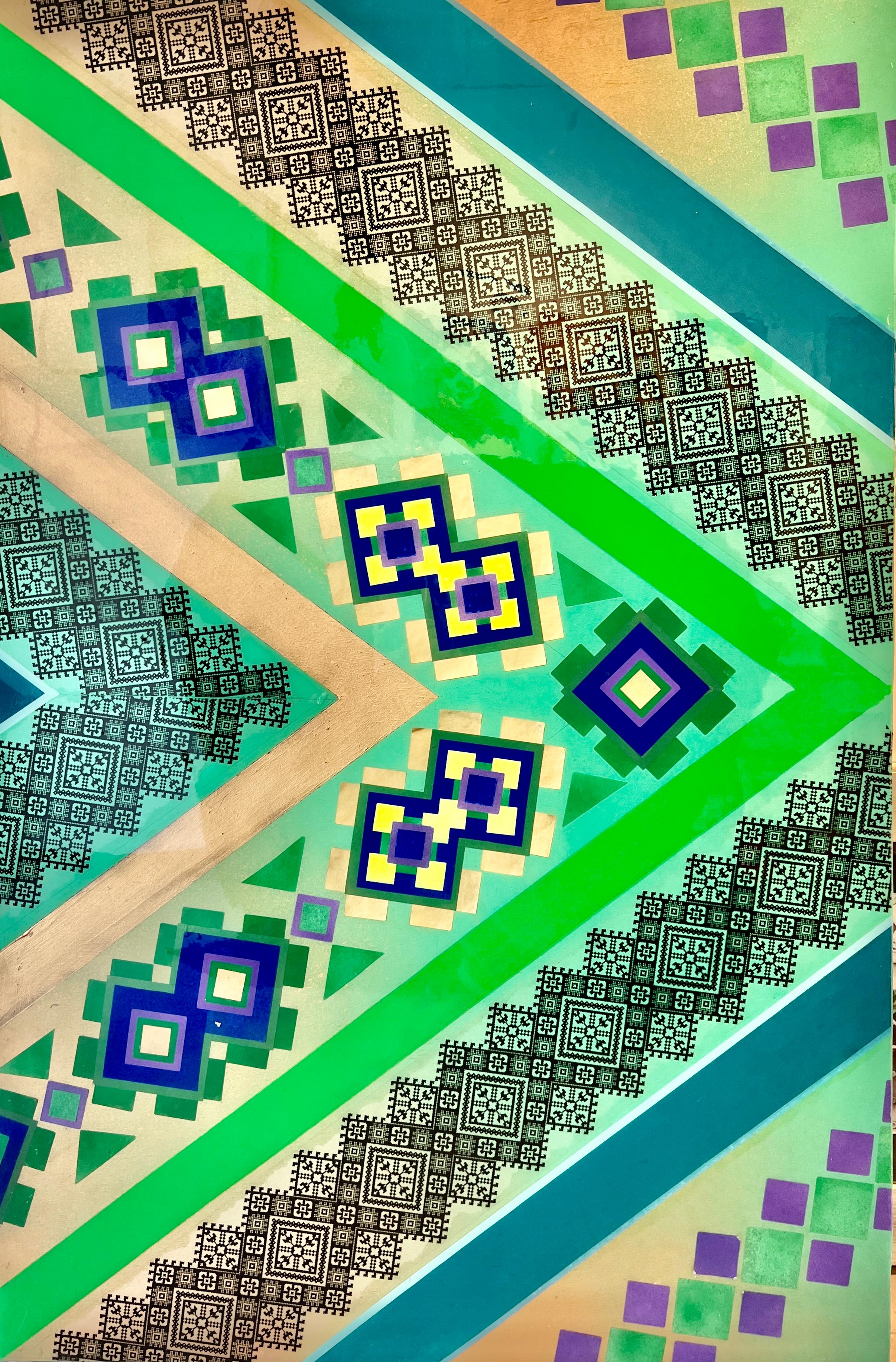 Oksana Tanasiv Abstract Painting - Code U65. Original Geometric Abstract Neo-Folk Green Art