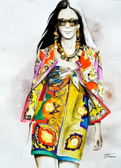 Dolce&Gabanna Ilustración de Moda Acuarela Original Figurativa Modelo de Pasarela