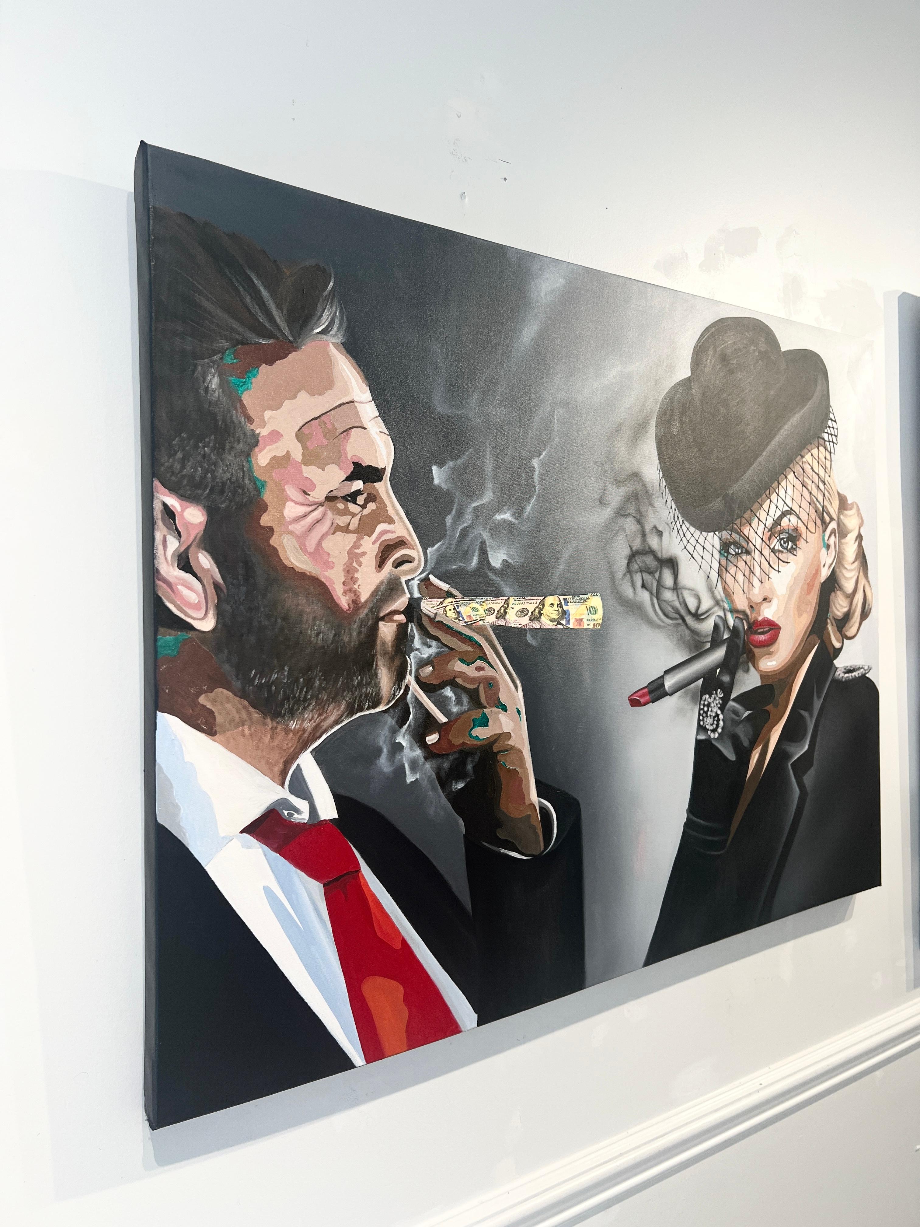 Cigarro de un dólar. Dólar Arte Pintura al Óleo Pensamientos Conceptuales Provocador Figurativo - Painting de Oksana Tanasiv
