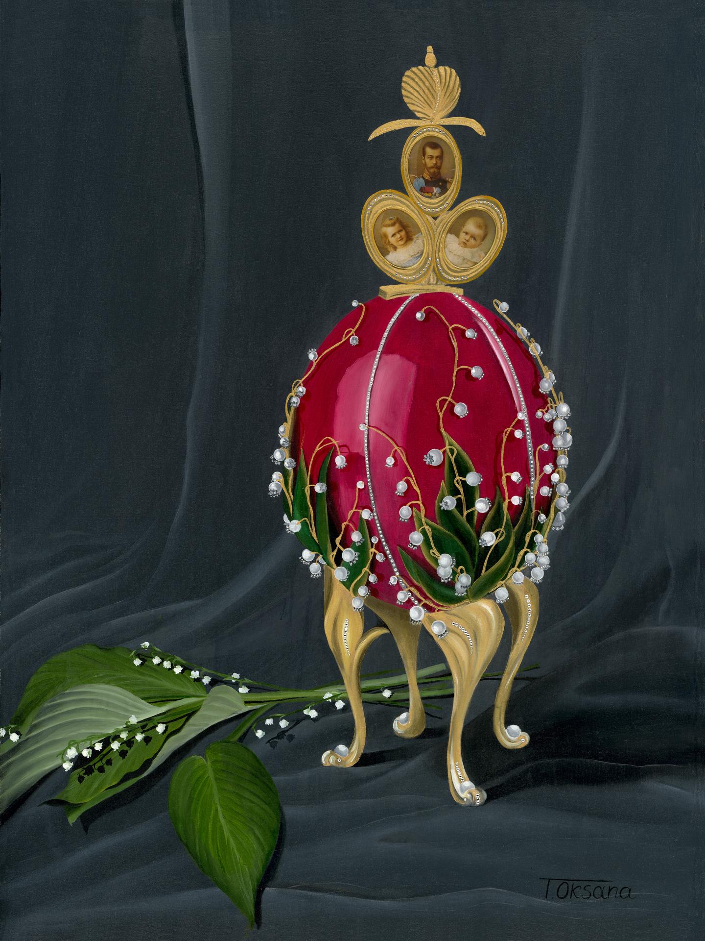 Faberge Lillies of the Valley Ei mit einzigartigen Swarovski-Kristallen Mosaik Kunst – Mixed Media Art von Oksana Tanasiv